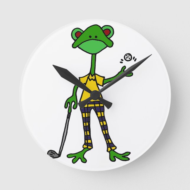 Funny Frog Golfing Art Rund Klocka (Framsida)