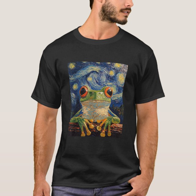 Funny Frog Graphic Van Gogh Stil Starry Night T Shirt (Framsida)