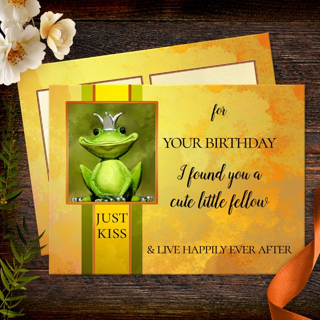 Funny Frog Prince Birthday Postcard Vykort (Funny birthday postcard featuring a cute frog prince to be kissed for the best results)