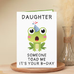 Funny Frog Toad Croak Daughn Grattis på födelsedag Tack Kort<br><div class="desc">Tittar du ett unikt sätt att uttrycka kärlek och humor för ditt barn? Vårt lustigt gratulationskort är perfektens val för din dotter på hennes födelsedag! Anpassa den genom att lägga till ditt eget personliga meddelande. Utformningen har en chockad grönt som är klädd med en blå födelsedagshatt. Underbart sätt att skicka...</div>