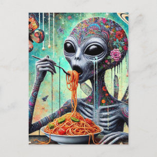 Funny Funky Alien Eating Spaghetti Collage Vykort