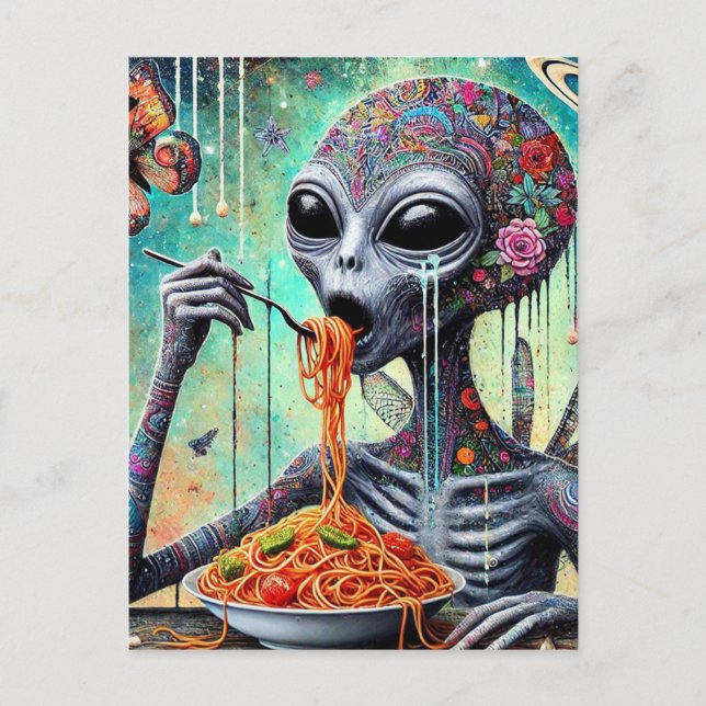 Funny Funky Alien Eating Spaghetti Collage Vykort (Framsida)