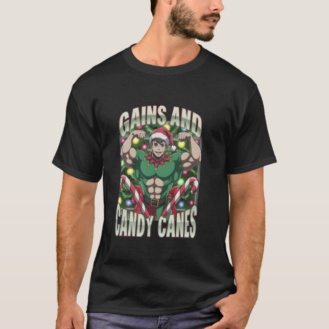 Funny Gains and Candy Canes Christmas Elf Gym Work T Shirt (Framsida)