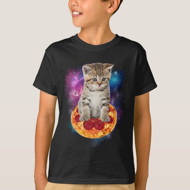 Funny Galaxy Cat in Space - Cat ride Pizza och T T Shirt (Framsida)