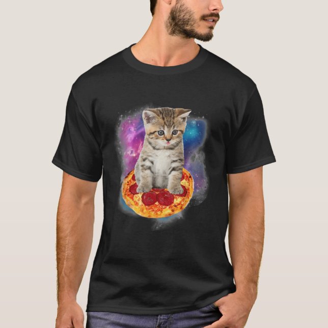Funny Galaxy Cat Space Cat Eat Pizza and Taco T Shirt (Framsida)