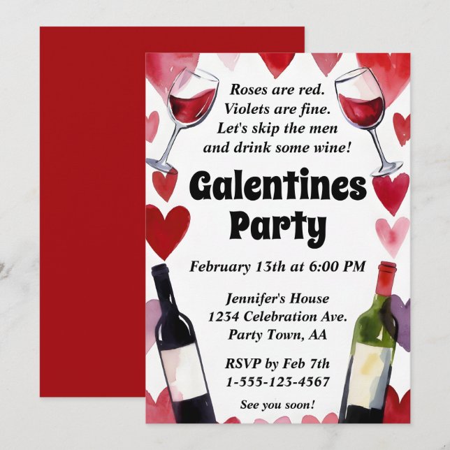 Funny Galentine Wine Hearts Girls Night Inbjudningar (Fram/baksida)