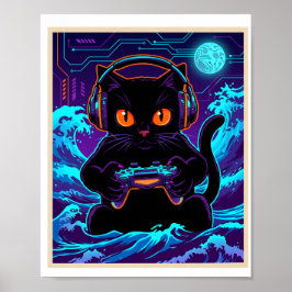 Funny Gamer Cat Neon Cyber Gaming Night Retro Art Poster