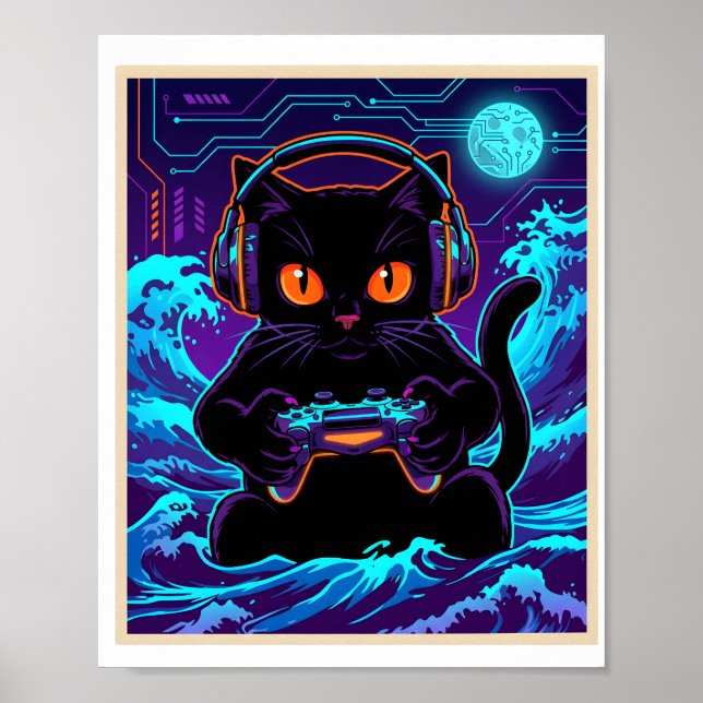 Funny Gamer Cat Neon Cyber Gaming Night Retro Art Poster (Framsidan)