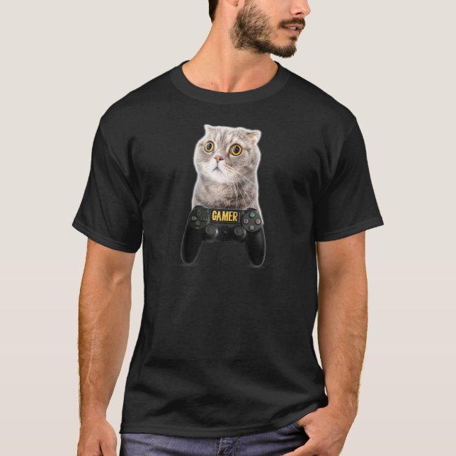 Funny Gamer Cat Videogame Humor Play Station Cont T Shirt (Framsida)