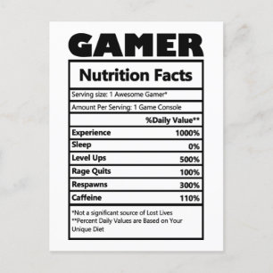 Funny Gamer Nutrition Facts Postcard Vykort