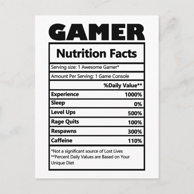 Funny Gamer Nutrition Facts Postcard Vykort (Framsida)