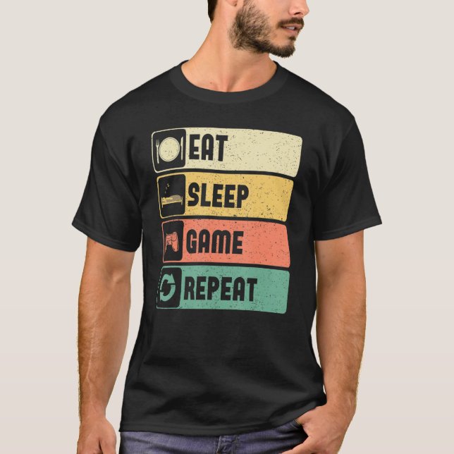 Funny Gamer Quote Eat Sleep Game Repeat, Cool Vint T Shirt (Framsida)