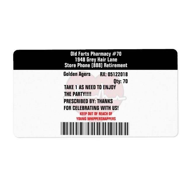 Funny gammal Farts Party-förskrivning RX Flaska Fraktsedel (Framsidan)