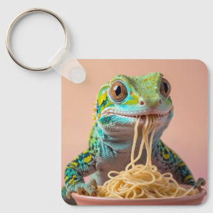 Funny Gecko Eating Spaghetti Nyckelring