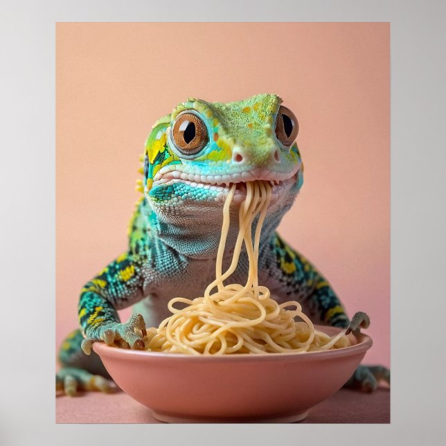 Funny Gecko Eating Spaghetti Poster (Framsidan)
