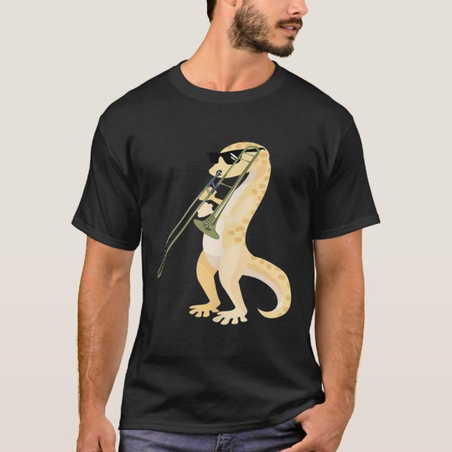 Funny Gecko Wearing Sungles Spela Trombone Lizar T Shirt (Framsida)