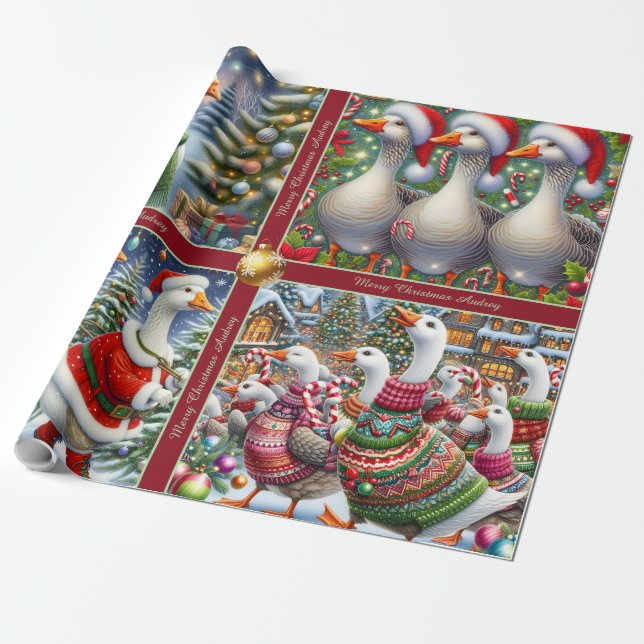 Funny Geese Christmas Wrapping Paper Presentpapper (Utrullad)