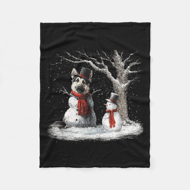 Funny German Shepherd Dog In The Snow Tree Christm Fleecefilt (Framsidan)