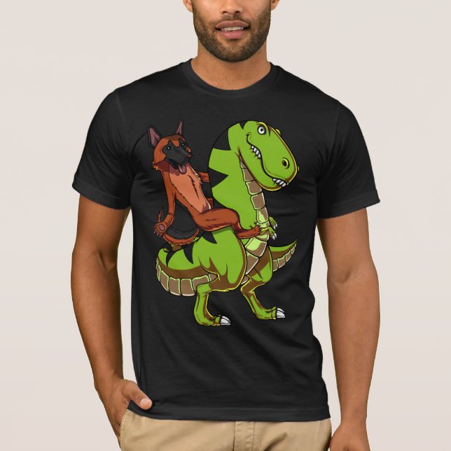 Funny German Shepherd Riding T-Rex Dinosaur T Shirt (Framsida)