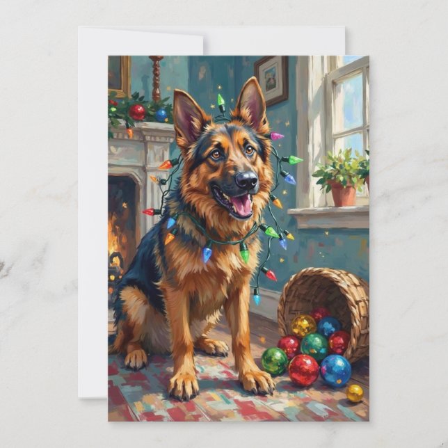 Funny German Shepherd Tangled in Christmas Lights Julkort (Framsida)