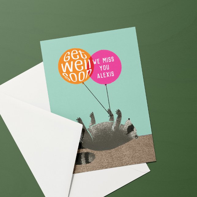 Funny Get well Raccoon Balloons Kort (funny dark humor get well soon card with dead raccoon and balloons tied to a foot)