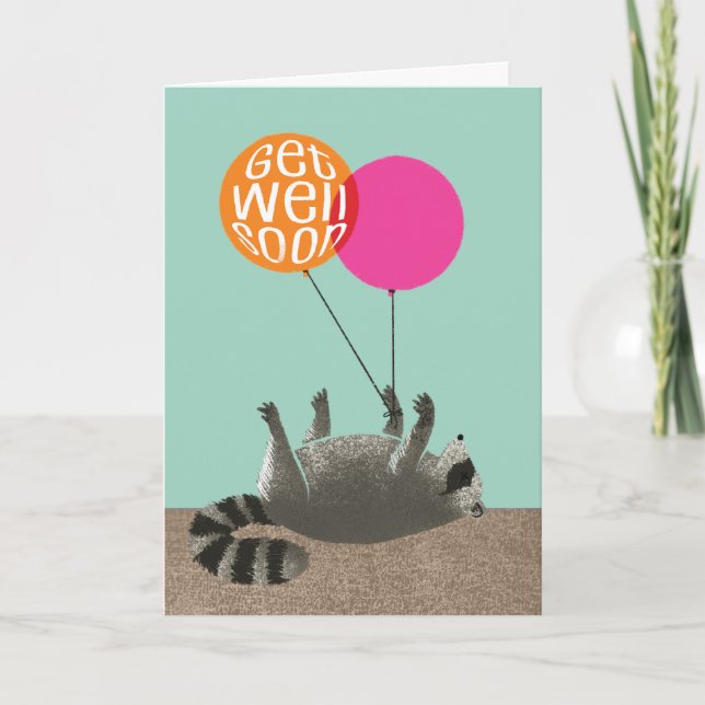 Funny Get well Soon Raccoon Balloons Kort (Framsida)
