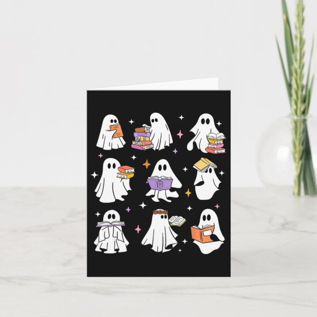 Funny Ghost Bok Reading Halloween Bokar Älskare Te Kort (Framsida)