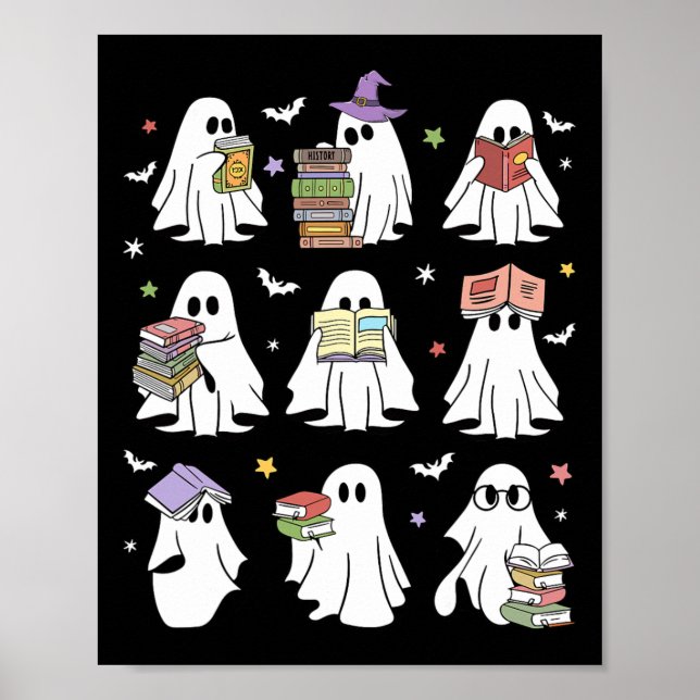 Funny Ghost Bok Reading Halloween Bokar Älskare Te Poster (Framsidan)