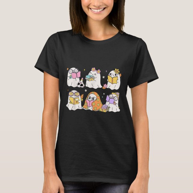 Funny Ghost Bok Reading Halloween Bokar Älskare Te T Shirt (Framsida)
