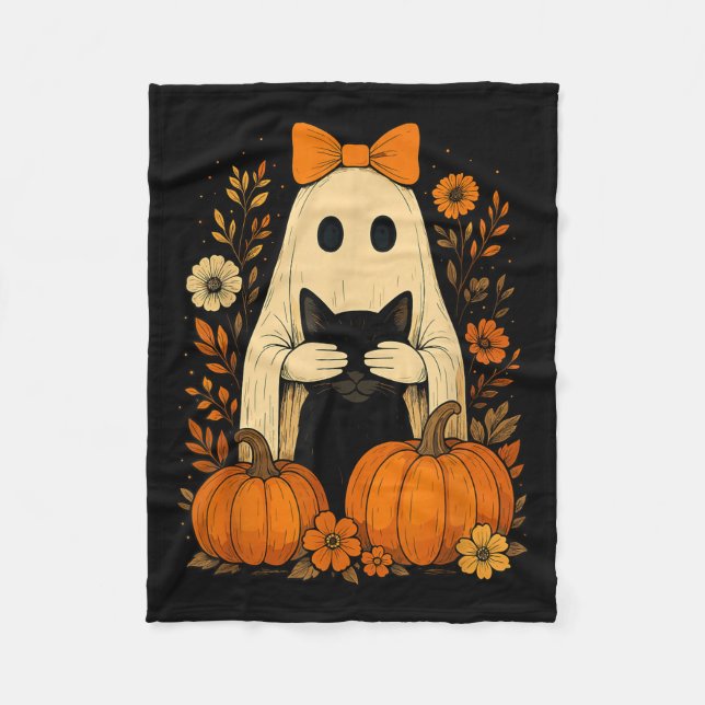 Funny Ghost Bow Holding Black Cat Fall Halloween Fleecefilt (Framsidan)