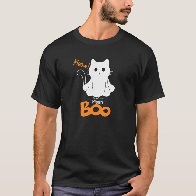 Funny Ghost Cat Meow I Elak Boo Pumpkin Måne Hallo T Shirt (Framsida)