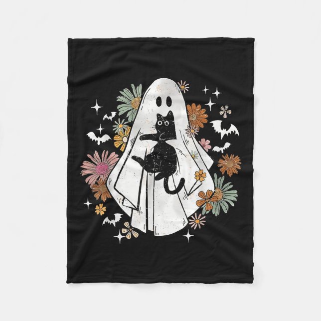Funny Ghost Holding Black Cat Halloween Ghost Cat Fleecefilt (Framsidan)