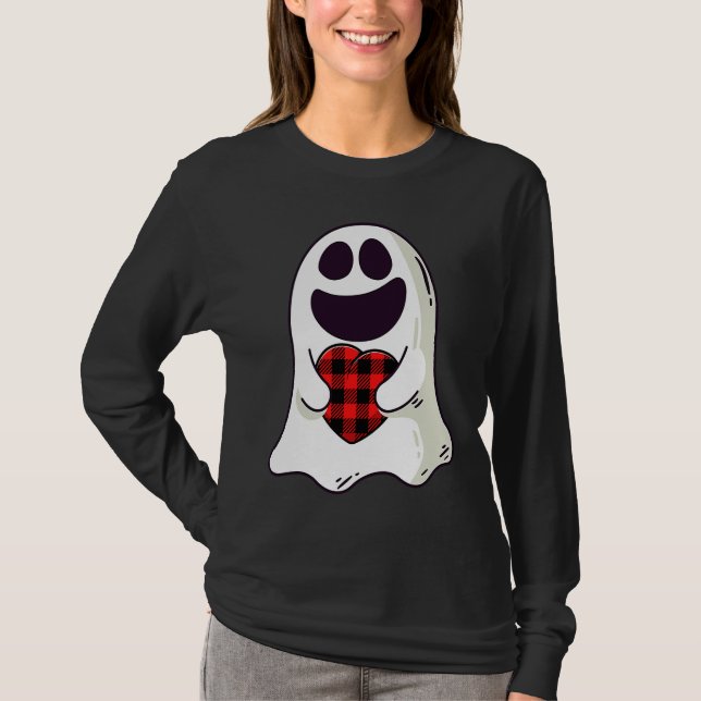 Funny Ghost Hugging Red Hearts Plaid buffalo Valen T Shirt (Framsida)