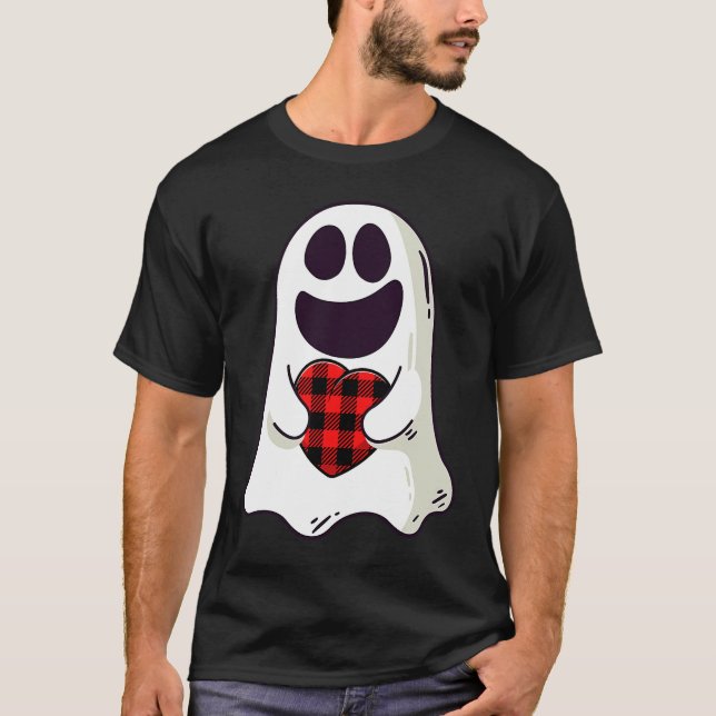 Funny Ghost Hugging Red Hearts Plaid buffalo Valen T Shirt (Framsida)
