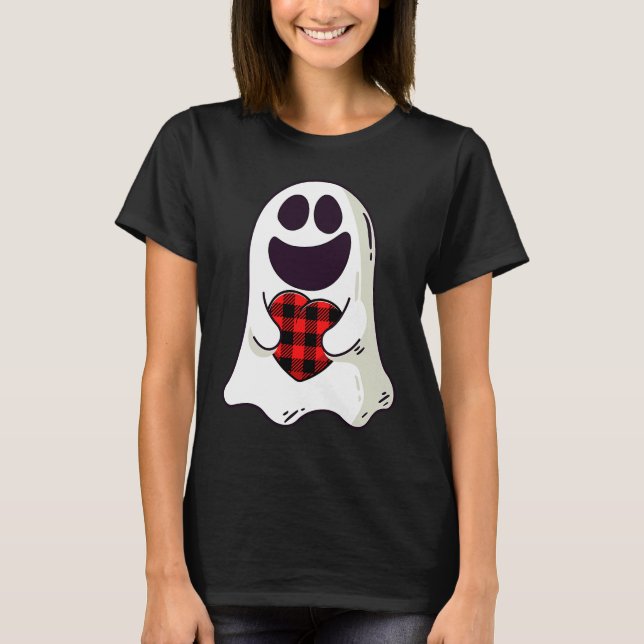 Funny Ghost Hugging Red Hearts Plaid buffalo Valen T Shirt (Framsida)