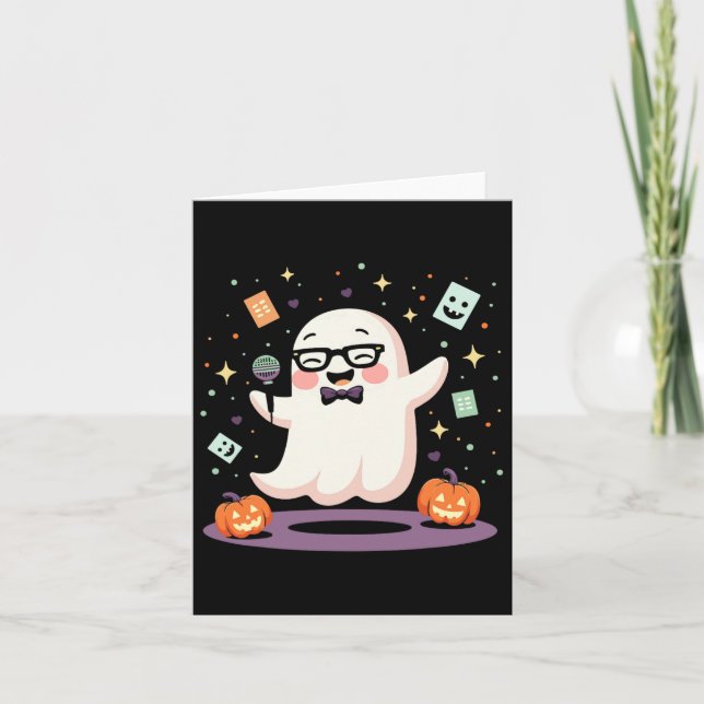 Funny Ghost Komiker Microphone Spooky Halloween C Kort (Framsida)