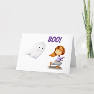 Funny Ghost och Girl Running Boo Halloween Helgkort
