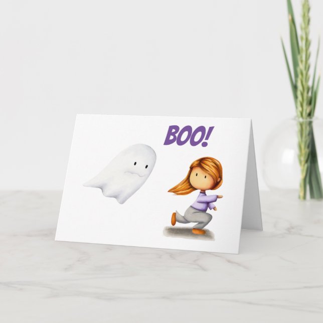 Funny Ghost och Girl Running Boo Halloween Helgkort (Framsida)