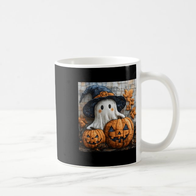 Funny Ghost Pumpkin Cute Halloween Patchwork Art 1 Kaffemugg (Höger)