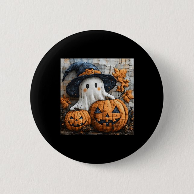 Funny Ghost Pumpkin Cute Halloween Patchwork Art 1 Knapp (Framsida)