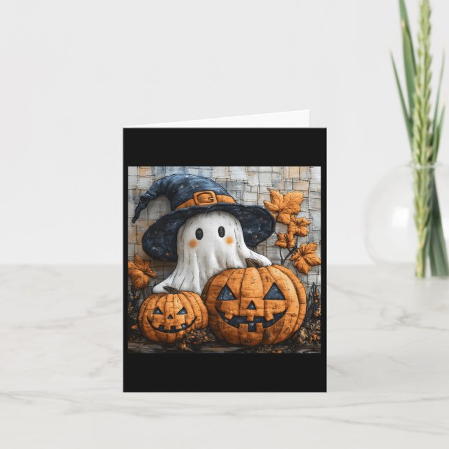 Funny Ghost Pumpkin Cute Halloween Patchwork Art 1 Kort (Framsida)