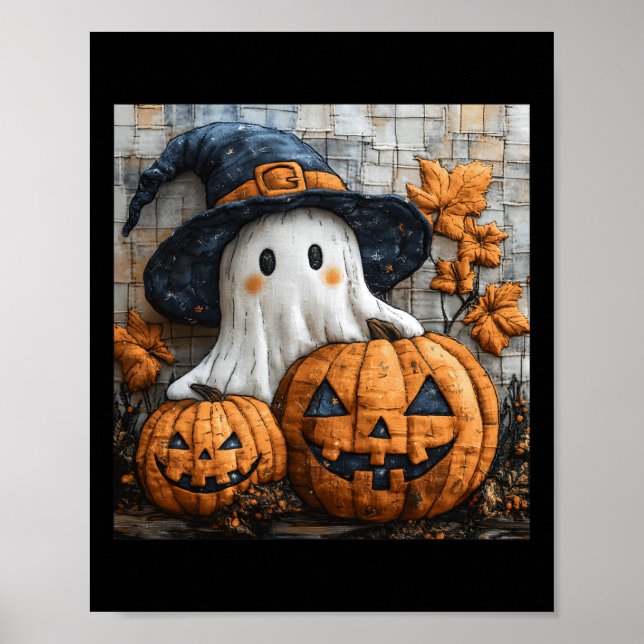 Funny Ghost Pumpkin Cute Halloween Patchwork Art 1 Poster (Framsidan)