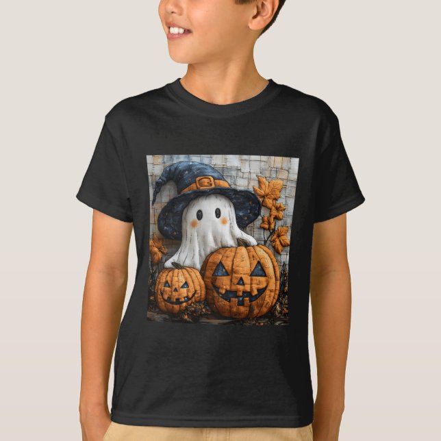 Funny Ghost Pumpkin Cute Halloween Patchwork Art 1 T Shirt (Framsida)