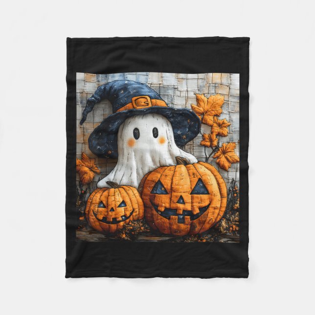 Funny Ghost Pumpkin Cute Halloween Patchwork Art  Fleecefilt (Framsidan)