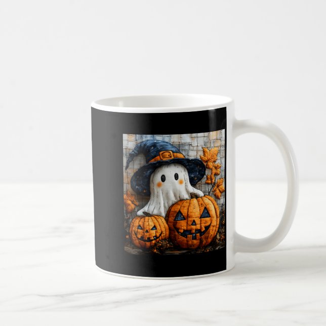 Funny Ghost Pumpkin Cute Halloween Patchwork Art  Kaffemugg (Höger)