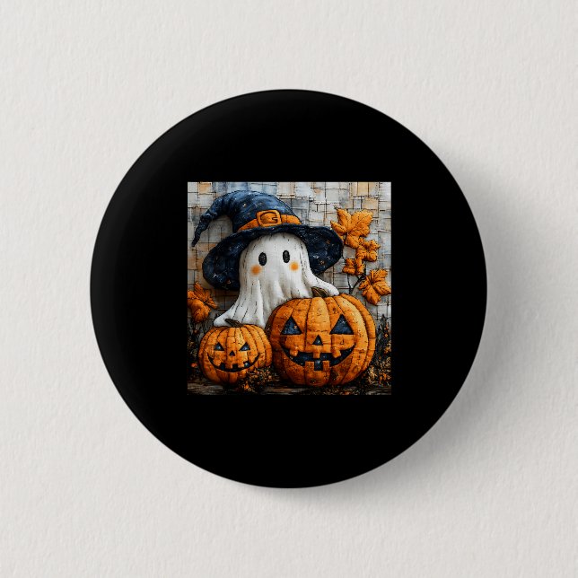 Funny Ghost Pumpkin Cute Halloween Patchwork Art  Knapp (Framsida)
