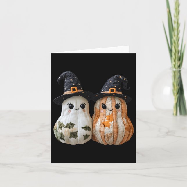 Funny Ghost Pumpkin Cute Halloween Patchwork Art Kort (Framsida)