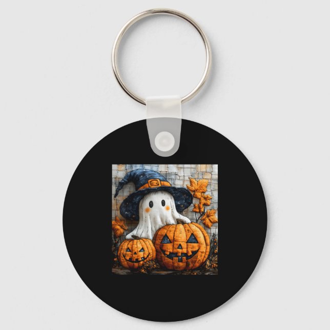 Funny Ghost Pumpkin Cute Halloween Patchwork Art  Nyckelring (Framsida)