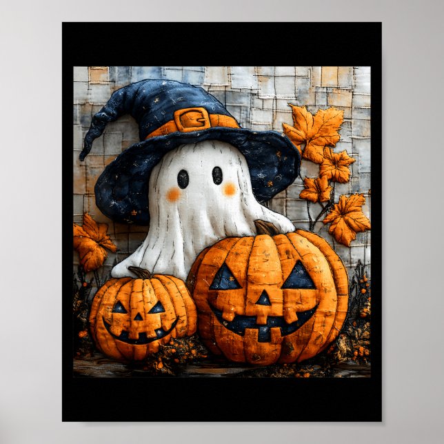 Funny Ghost Pumpkin Cute Halloween Patchwork Art  Poster (Framsidan)