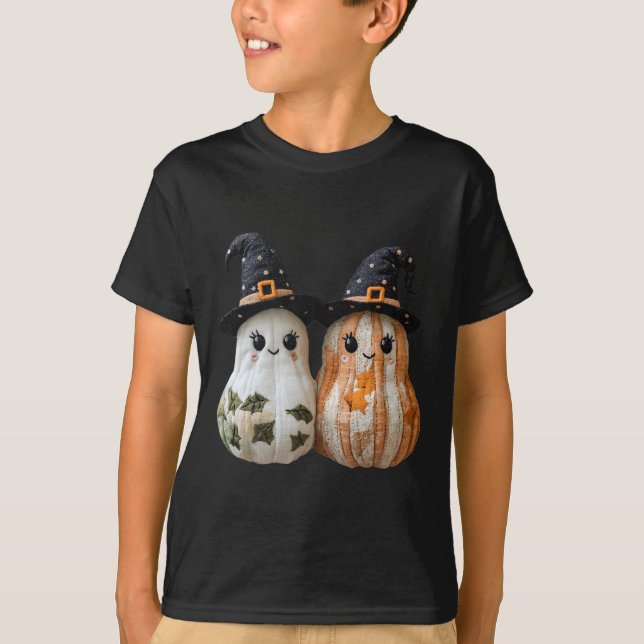 Funny Ghost Pumpkin Cute Halloween Patchwork Art T Shirt (Framsida)